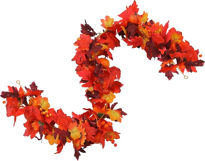 Artificial Fall Garland with Maple Leaves, Pumpkins & Berries – 7Fft Orange Autumn Garland for Thanksgiving, Fireplace Mantel, Doorway & Fall Harvest Table Decor