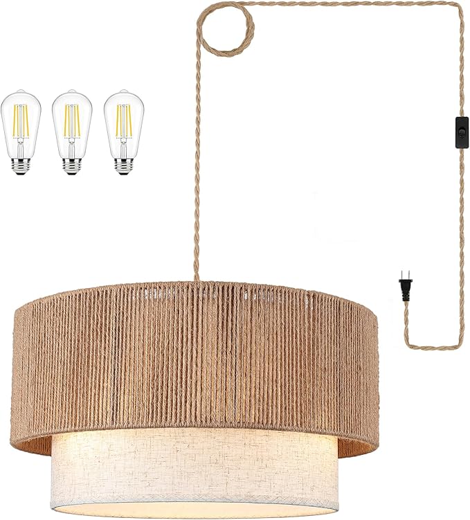 Plug in Pendant Light, 18" Rattan Plug in Chandelier with Fabric Shade, E26 On/Off Switch, Plug in Hanging Pendant Light for Dining Room Living Room Kitchen Foyer