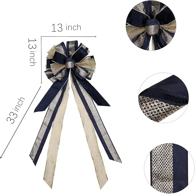 Blue Gold Christmas Tree Bow Topper - 33x13 Inches Large Gift Bow Handmade Decoration for Wreaths