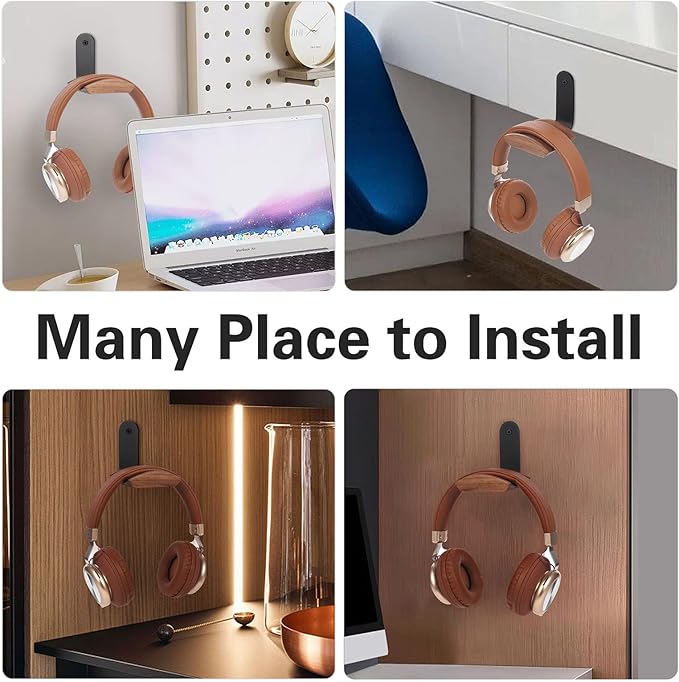 Wood Headphone Wall Mount Holder, with VHB Adhesive Tape and Screw, Holds 10 lbs (Black & Walnut Wood, 2 Pack)