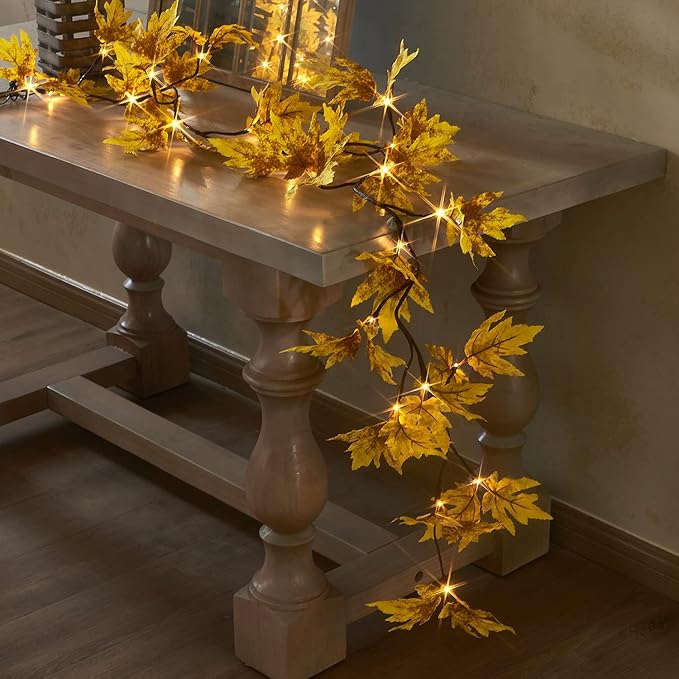 LITBLOOM Lighted Fall Garland with Timer 6FT 24 Warm White LED, Maple Leaf Vine with Lights Battery Operated for Mantle Fireplace Autumn Thanksgiving Harvest Decoration Indoor Outdoor