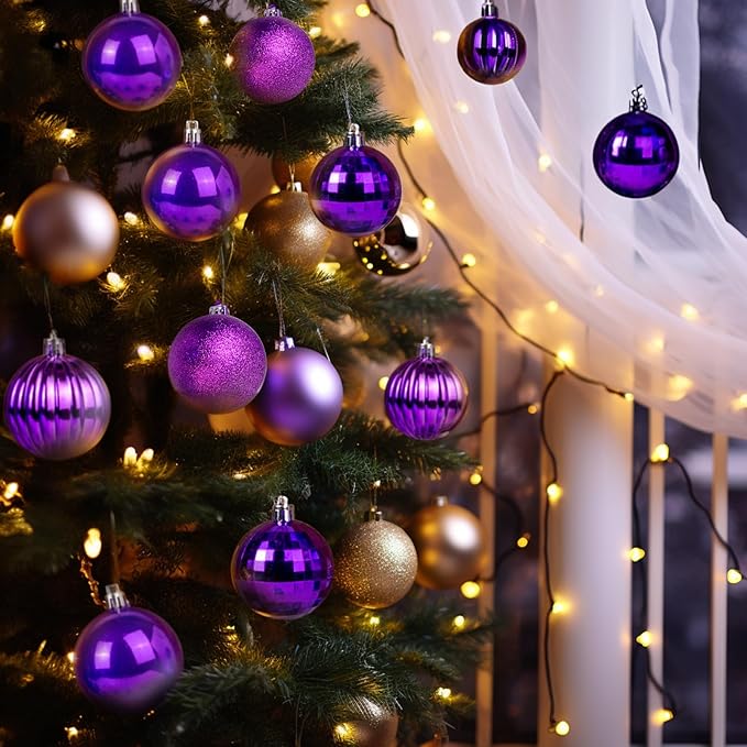 AMS 34ct Christmas Ball Mini Ornaments Party Decorations Shatterproof Festival Pendant Hangings for Xmas Tree Decor(1.57''/40mm,Purple)