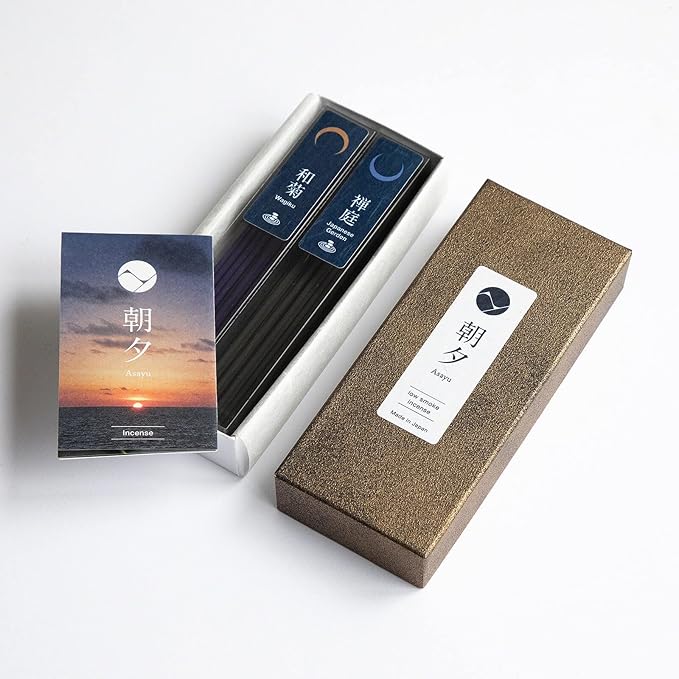 Asayu Japan Low Smoke Incense Sticks - Zen Set (Japanese Garden + Wagiku Chrysanthemum), 40gr (Each Scent 20g), for Yoga, Zen Meditation and Relaxation - Smokeless for Less Irritation