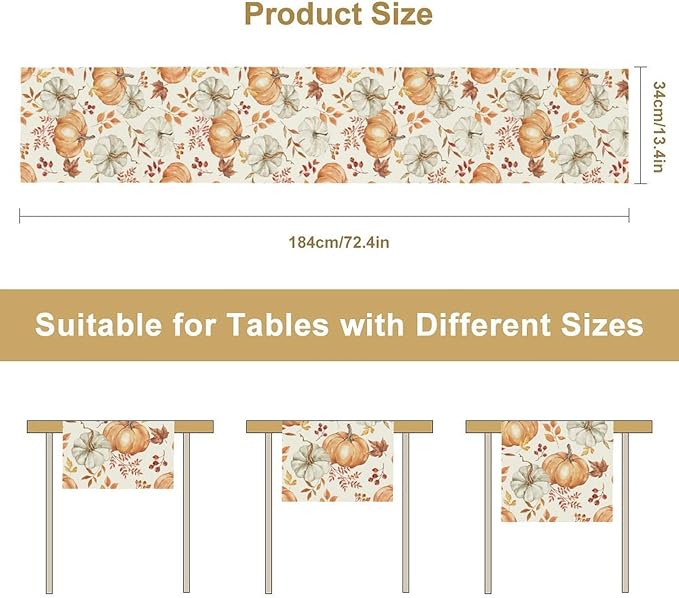 Pumpkin Table Runner Fall Orange White Colorful Leaves Berries Thanksgiving Watercolor Illustration Rustic Decor for Farmhouse Indoor Outdoor Party Holiday Dining Kitchen Restaurant Cafe W13xL72in