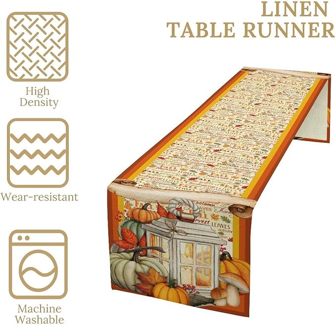 Fall Pumpkin Table Runner Rustic Farmhouse Mushrooms Leaves Berries Lanterns Thanksgiving Theme Home Decor for Farmhouse Indoor Outdoor Party Holiday Dining Kitchen Restaurant Cafe W13xL120in
