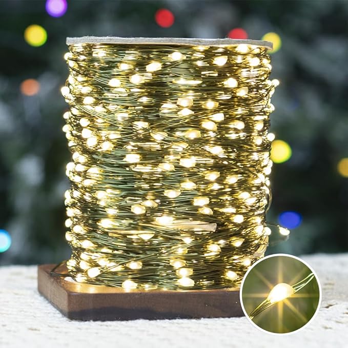 100FT Green Wire Fairy Lights Plug-in, 300 LED Dimmable Waterproof String Lights with Remote - 8 Modes Warm White for Christmas Tree, Yard, Holiday Party Decorations