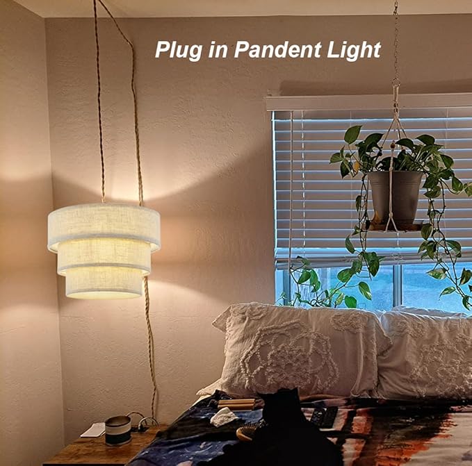XININSUN 3-Tier Drum Linen Plug in Pendant Light with15ft Hemp Rope Cord E26 Dimmer Switch Hanging Lights Fixture Plug in Chandelier for Kitchen Island Dining Room Entryway Hallway-1Pack
