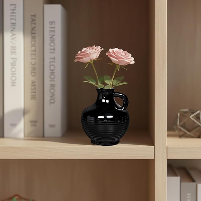 Sunddo Black Ceramic Vases Home Décor- 6 Inch Small Modern Decorative Vase with Handle, Black Decor, Table Mantle Fireplace Living Room Bathroom Wedding Centerpiece