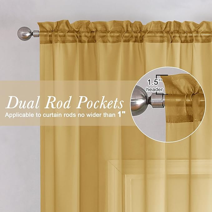Lecloud Gold Sheer Curtains 78 Inches Long 2 Panels, Breathable Solid Voile Light Filtering Curtain, Lightweight Home Decor Drapes with Rod Pocket for Bedroom Living Room, Each 42" W x 78" L