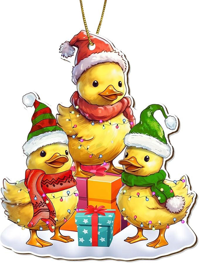 Cute Duck Christmas Ornament – Three Holiday Ducks with Lights and Gifts, Funny Farmhouse Tree Decoration, Farm Animal Family Keepsake 2025 for Women