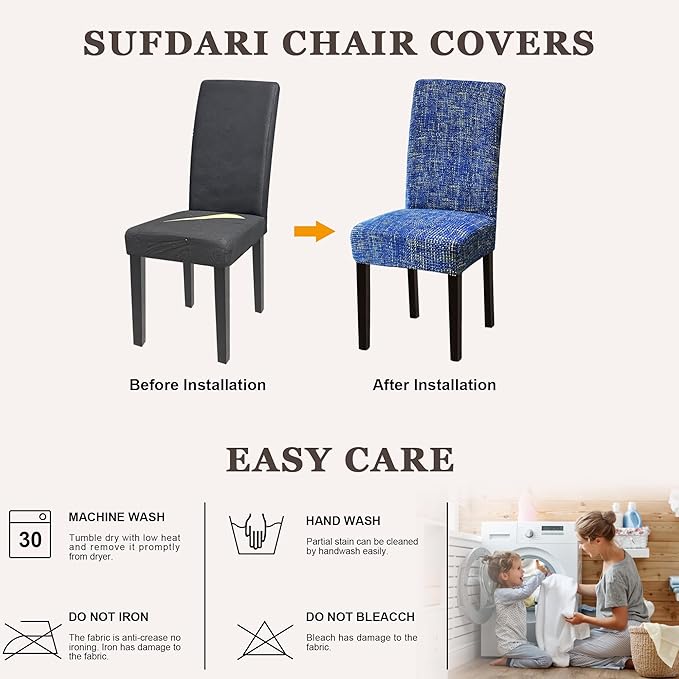 Sufdari Dining Chair Covers,Kitchen Chair Cover,Parsons Chair Slipcover,Spandex Chair Protectors for Dining Room Stretch Chairs Cover Set of 4 -Linen Blue