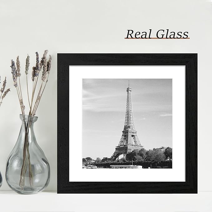 iRahmen 10x10 Picture Frame Set of 4 with HD Glass, Black Frames Display 8x8 Picture with Mat or 10 x 10 Without Mat, Wooden Photo Frames for Tabletop Display and Wall Mounting