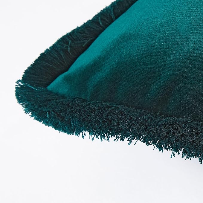 JUSPURBET Pack of 2 Peacock Blue Decorative Fringe Velvet Lumbar Throw Pillow Covers 12x20 for Home Decor Living Room Bedroom Car Boho Soft Cushion Cover with Hidden Zipper Machine Washable