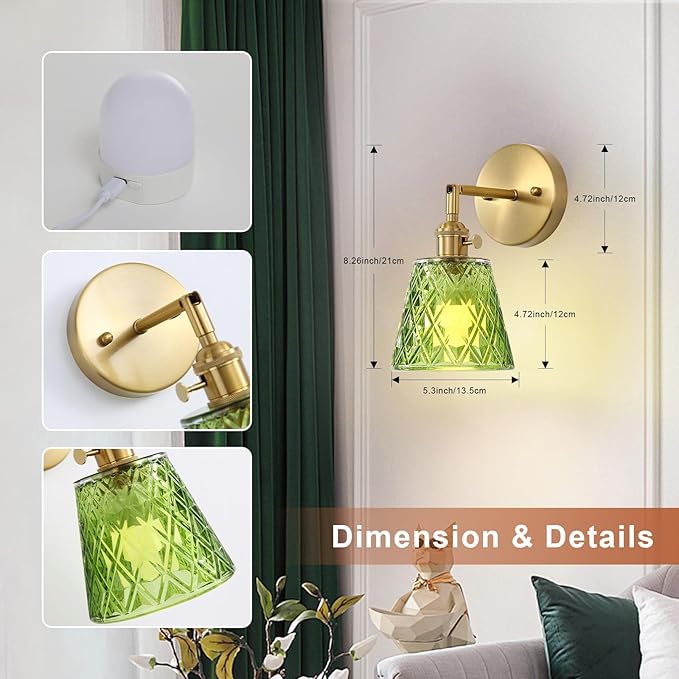 2 Pack Vintage Battery Operated Wall Sconces, Flower Green Lampshade & 180 Degree Adjustable, Wireless Rechargeable RGB Wall Light with Remote Control, for Bedroom Living Room Hallway Aisle