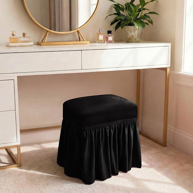 NICEEC Spandex Stretch Vanity Bench Cover with Skirt Removable Super Soft Rectangle Bench Slipcover Washable Bench Cushion Seat Covers for Living Room Bedroom Kitchen(Black)