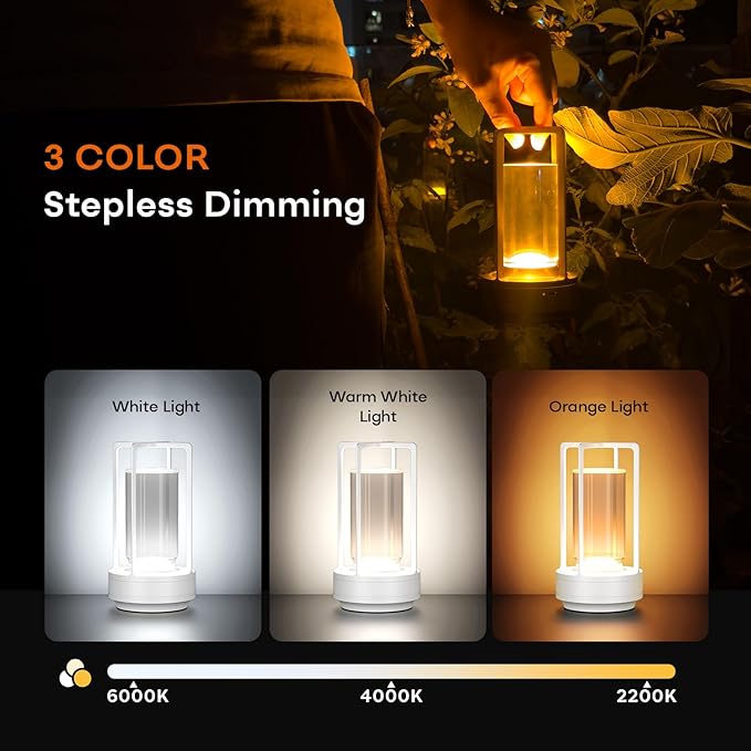 Portable Metal Table Lamp for Indoor/Outdoor ,Rechargeable Cordless LED Lamp, 3-Colour Infinitely Dimming Battery Powered Small Desk Lamp, Restaurant/Bedroom/Bar/Coffee Shop/Camping Light (White)