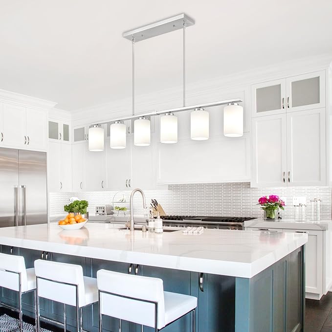6-Light Kitchen Island Lighting, Brushed Nickel Dining Room Light Fixtures Over Table, Modern Farmhouse Chandeliers with Milky Glass Shade Pendant Light for Dining Room Kitchen Island