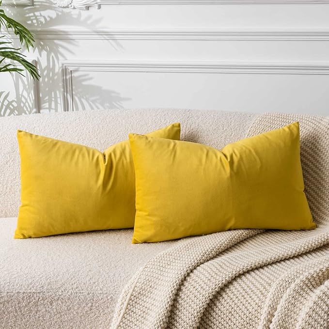 JUSPURBET Decorative Pillow Covers Set of 2 Velvet Throw Pillow Covers for Couch Sofa Bed Soft Lumbar Cushion Covers with Hidden Zipper for Living Room Home Decor,Yellow,14x24 inch