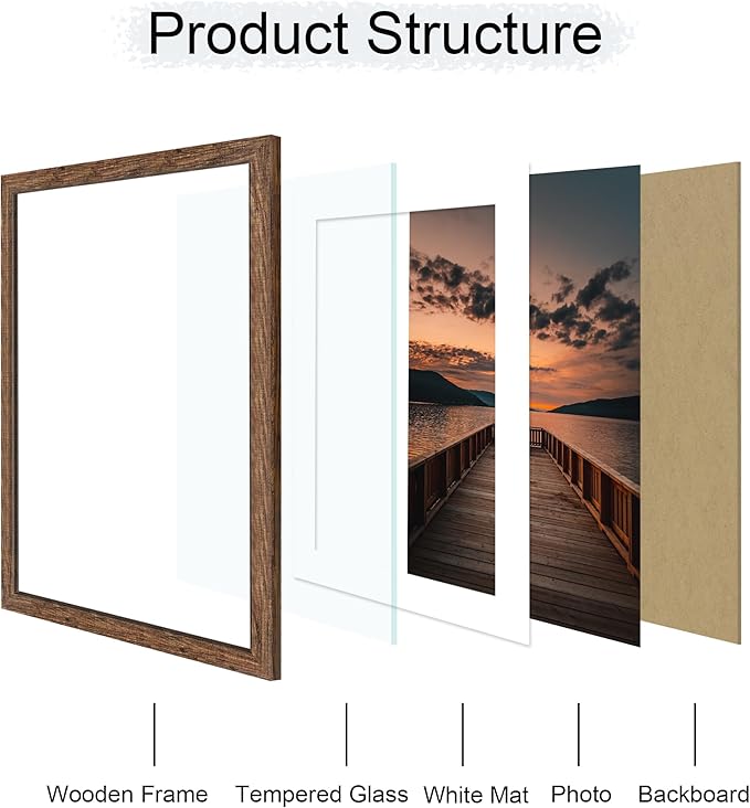 22x28 Picture Frame Set of 2, 22 x 28 Wood Poster Frames with Mat for 18x24, Wooden Photo Frames with Tempered Glass Cover for Wall Display, Rustic Brown