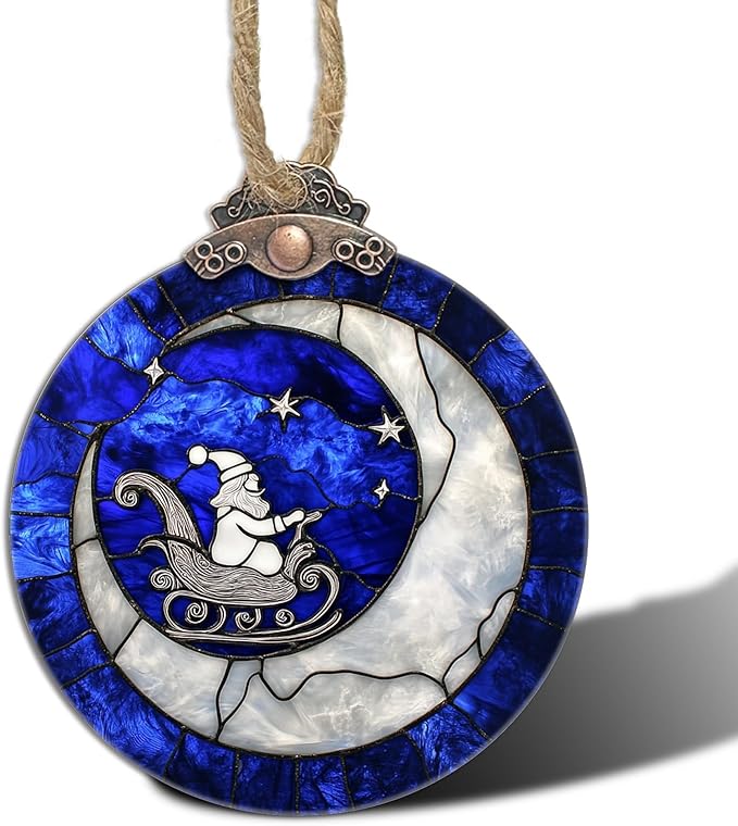 Stained Glass Christmas Decorations, Santa Claus On The Moon Suncatcher for Window Christmas Tree Hanging Ornaments Blue White Sun Catcher Xmas Decor Gifts for Women Men Mom Nana Friend