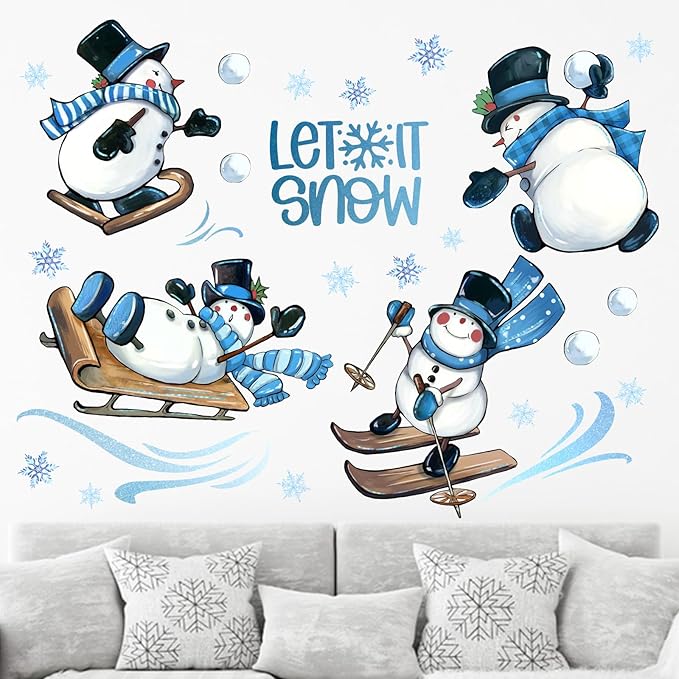 Mfault Winter Snowman Wall Decals Stickers, Let It Snow Winter Sport Sleigh Decorations Bedroom Art, Snowball Snowflakes 2026 New Year Christmas Holiday Home Kitchen Decor