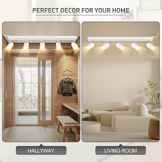 Plug in Track Lighting, LED Track Light Kit, White 5-Light Large Track Lights for Kitchen, 15 FT Cord,5 Way Ceiling Spotlight, Rotatable Wall Mount Light Head for Bedroom Hallway Living Room