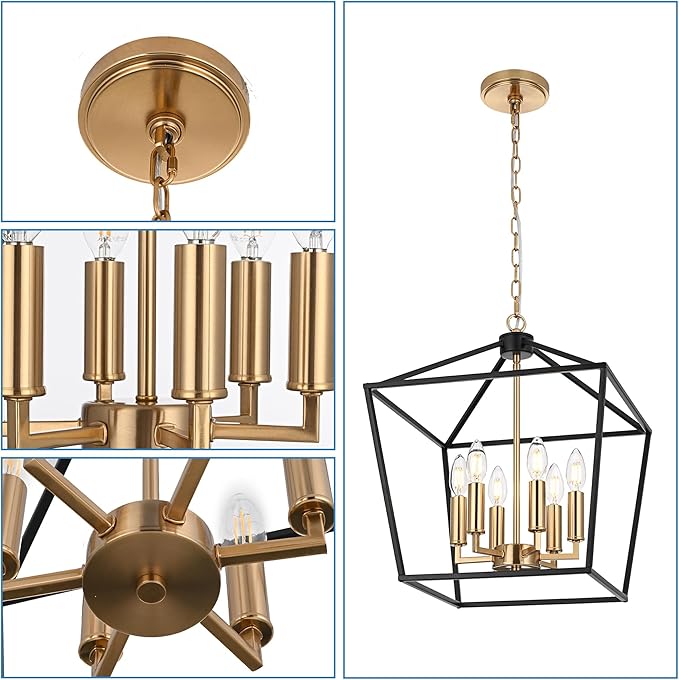 MELUCEE Black Lantern Pendant Light 6 Light Industrial Cage Chandelier with E12 Brass Candle-Shaped Base Rustic Geometric Hanging Light Fixture for Kitchen Island Foyer Dining Room