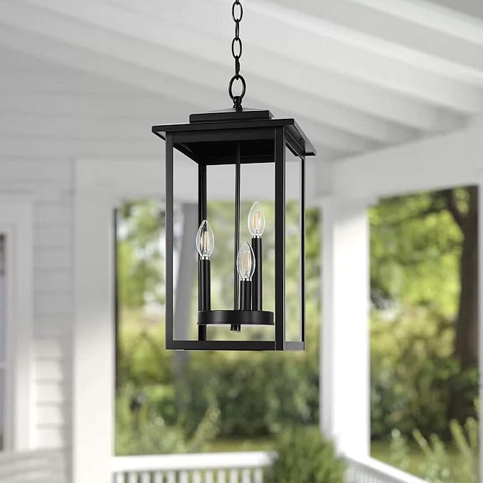 LamQee Large Outdoor Pendant Lights for Porch, 3-Lights Matte Black Outdoor Chandelier Lighting Fixture, Modern Exterior Ceiling Hanging Lantern with Glass, for Front Door Patio Gazebo Entryway Foyer