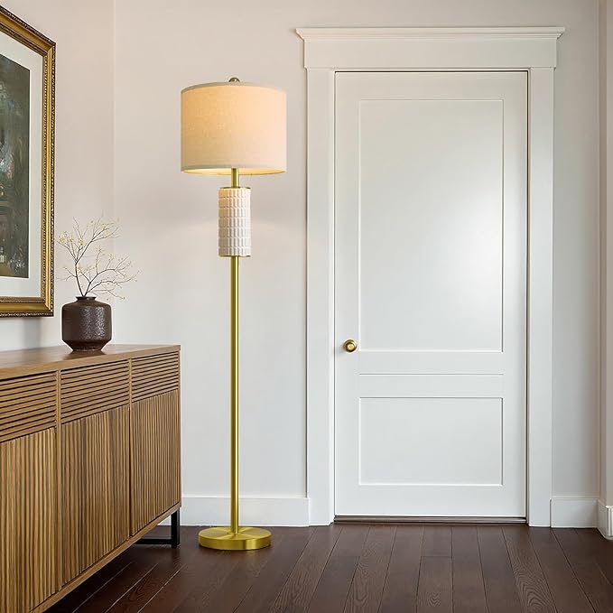 PoKat Gold Ceramic Floor Lamp for Living Room Bedroom, 64" Modern Standing Lamp with Rotary Switch, Tall Living Room Lamp Decor for Reading Corner, Home Office, Nursery, Brushed Gold
