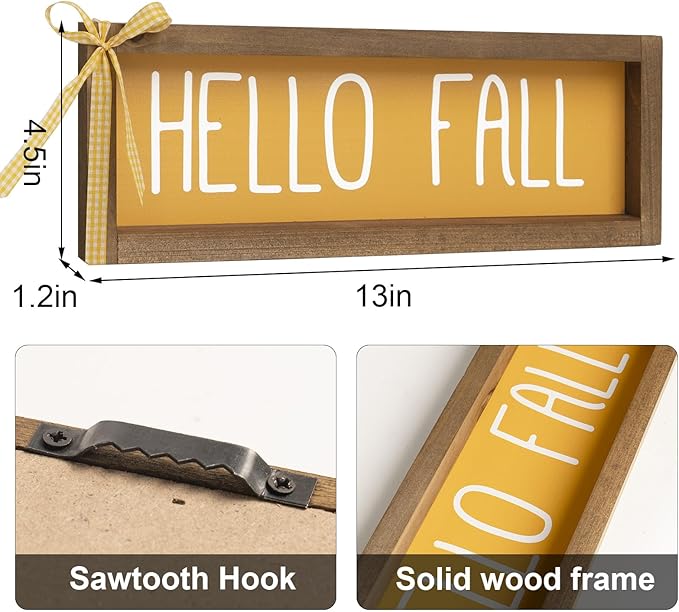 Hello Fall Sign, Wooden Fall Decorations for Home, Indoor Autumn Centerpieces for Tables Wall Shelf Desk Mantle Farmhouse House Decor