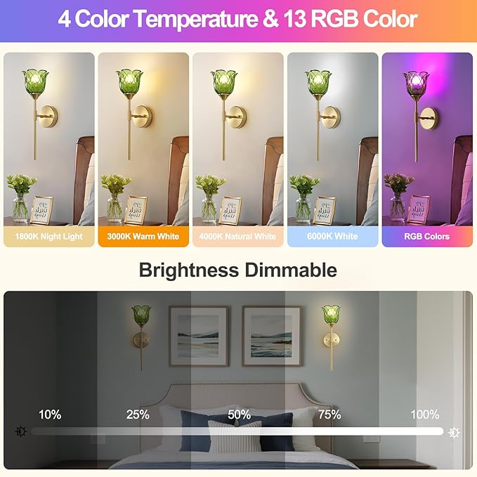 2 Pack Vintage Battery Operated Wall Sconce with Green Glass Lampshade, Wireless Rechargeable Battery Powered RGB Wall Light with Remote Control, for Bedside Bedroom Doorway