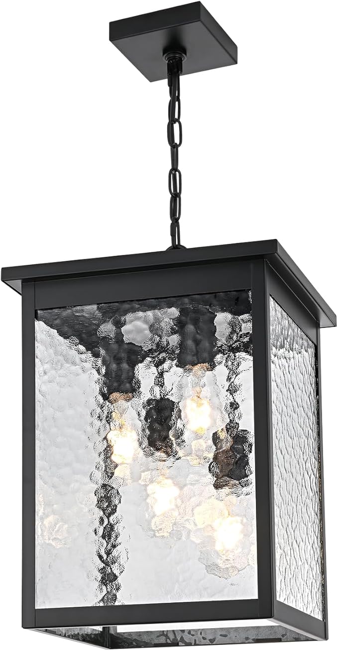 16.7'' Outdoor Pendant Lights for Porch, 4-Lights Black Exterior Pendant Light with Hammer Glass, Outdoor Porch Light Ceiling Mount Outdoor Hanging Light Fixture for Gazebo, Patio, Entryway