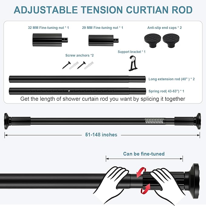 ZOCONE Tension Curtain Rod 51-148 In (4.25-12Ft), Long Outdoor Curtain Rod No Drilling for Patio Window, Adjustable Shower Curtain Rod for Bathroom, Never Rust, Tool-Free, Rod Diameter 1.26 In, Black