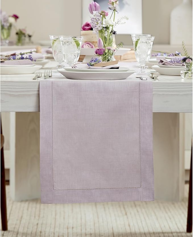 Solino Home Linen Lilac Table Runner 72 Inches Long - 100% Pure Linen Hemstitch Table Runner 14 x 72 Inch for Dresser, Dining, Valentines, Spring, Easter - Classic Hemstitch