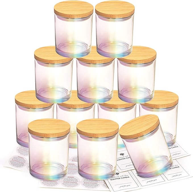 CONNOO 12 Pack 10 OZ Iridescent Glass Candle Jars for Making Candles with Airtight Bamboo Lids Nice Sticky Warning Labels for Candle Making Empty Container Bulk - Dishwasher Safe