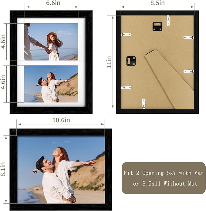8.5x11 Picture Frame - 8.5 x 11 Photo Frame Made of Solid Oak Wood and Real Glass,Display Picture 2 Opening 5x7 with Mat or 8.5x11 Without Mat for Wall & Tabletop(Color Black)