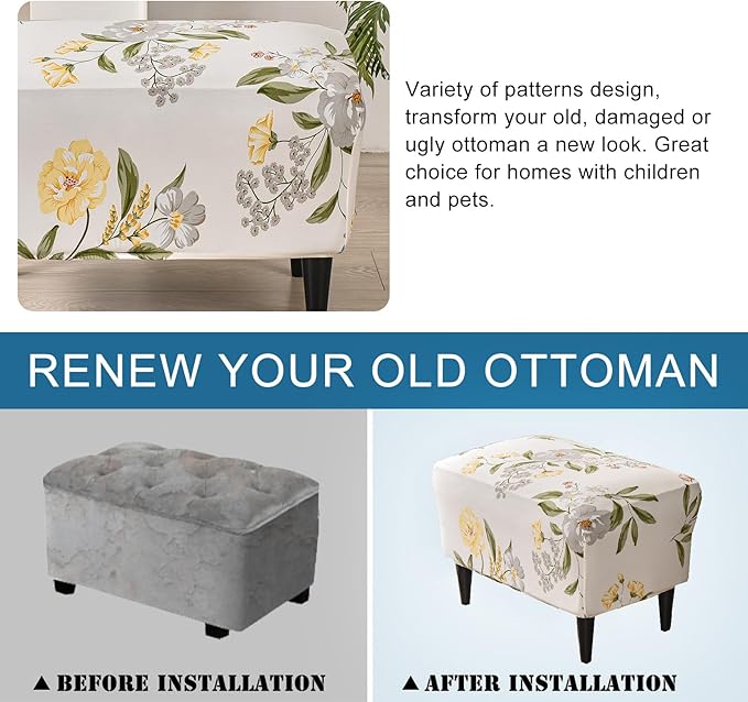 KRFOONN Ottoman Slipcovers Stretch Rectangle Footrest Stool Covers Printed Ottoman Cover for Foot Stool Furniture Protector with Non Slip Elastic Bottom(25, X-Large)