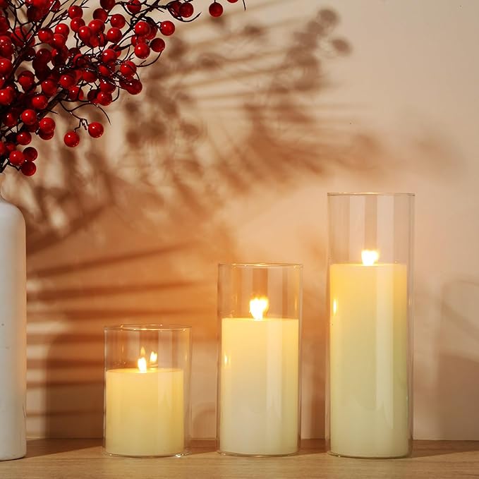 Shihanee Set of 12 Pillar Candles and Glass Cylinder Vases Clear Cylinder CandleHolders for Slim Pillar Candles Wedding Centerpieces(3.4''x 4.7'', 7'', 9.8'',Ivory White)