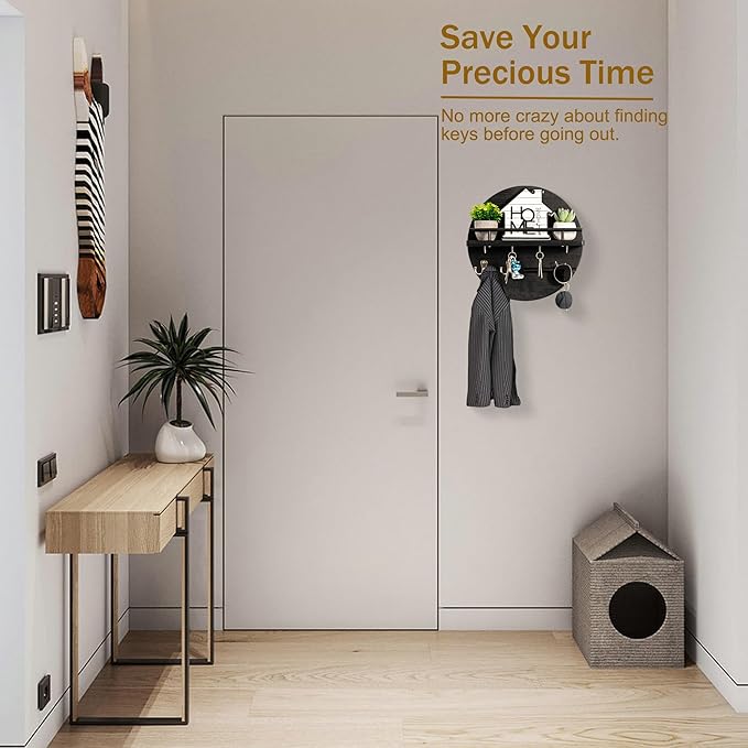 Key Holder for Wall Decorative with Shelf and Hooks, Mail Organizer Wall Mount, Circular Design Entryway Key Rack Hanger, Rustic Home Decor (Black)