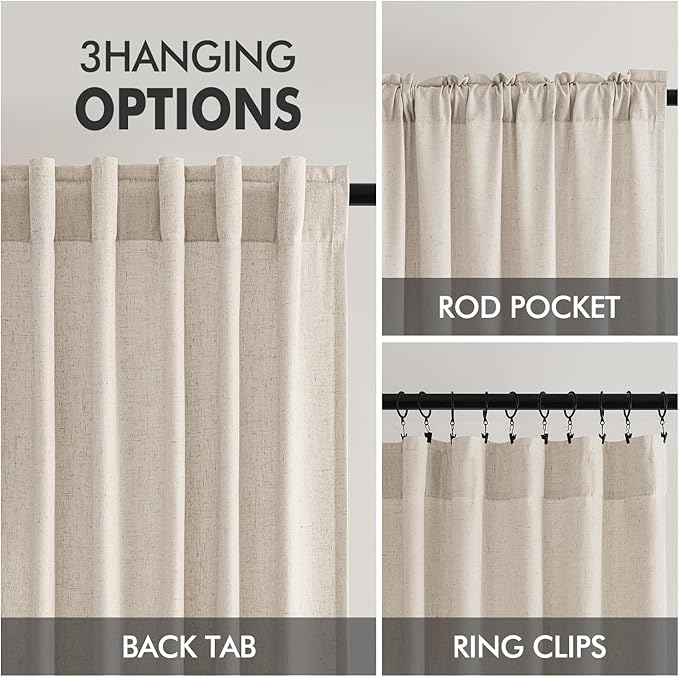 MIULEE Non-See-Through Privacy Linen Curtains 2 Panels, Light Filtering Window Curtains Farnhouse Textured Back Tab Semi Sheer Drapes for Bedroom Living Room, 52 x 90 Inches Long, Linen