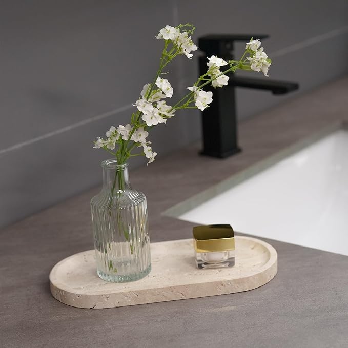 Beige Travertine Vanity Tray | Natural Stone Bathroom Organizer | Perfume & Jewelry Storage for Spa, Bedroom, Kitchen | Non-Slip Waterproof Design,9.8"x4.7"x0.6"