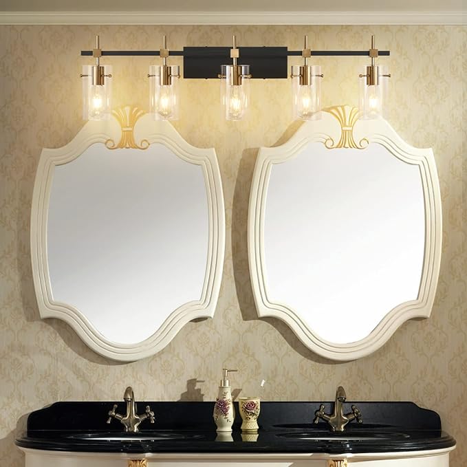 SOLFART 40.1 inch Vintage Brass Bathroom Vanity Light fixtures Bathroom Wall Lights Over Mirror with Glass Shade 5 Light