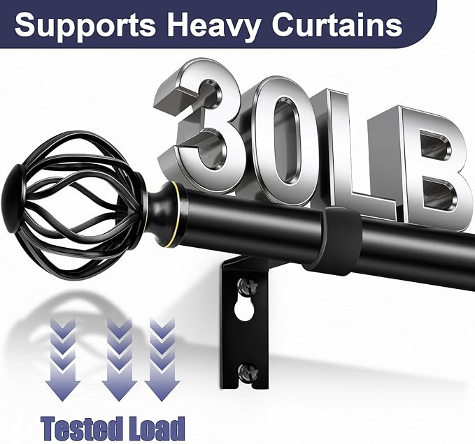 Black Curtain Rods for Windows 48-90Inch(4-7.5ft), Heavy Duty 1 Inch Adjustable Curtain Rod, Decorative Window Rods for Living Room, Bedroom, Dining Room & Patio