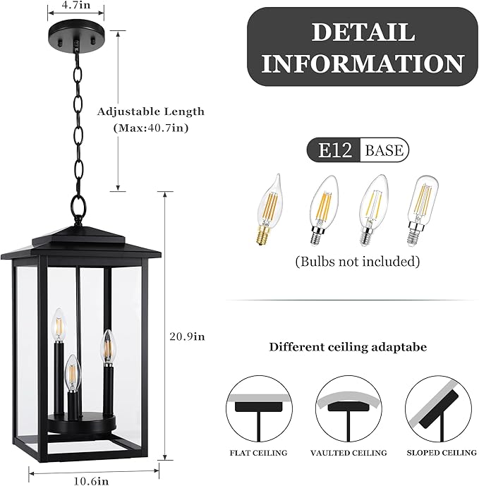 LamQee Large Outdoor Pendant Lights for Porch, 3-Lights Matte Black Outdoor Chandelier Lighting Fixture, Modern Exterior Ceiling Hanging Lantern with Glass, for Front Door Patio Gazebo Entryway Foyer