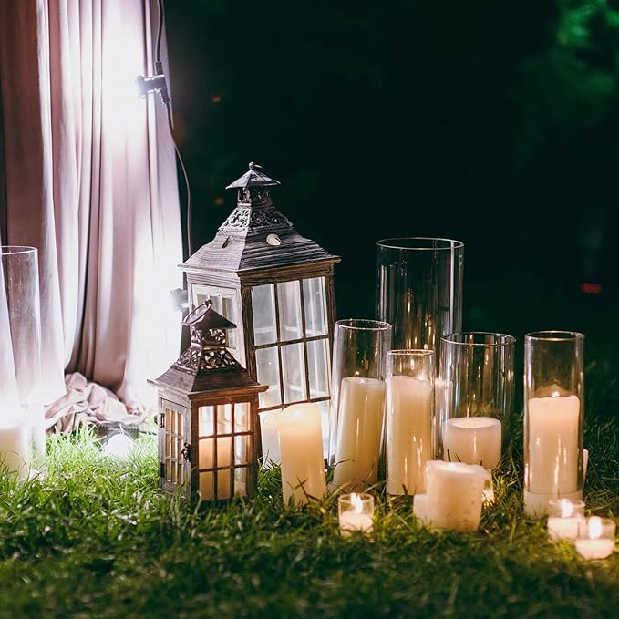 Shihanee Set of 12 Pillar Candles and Glass Cylinder Vases Assorted Sizes Clear Cylinder Holders for Pillar Candles Home Table Centerpieces Wedding Party Decorations (Multiple Sizes,Ivory)