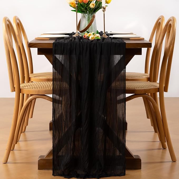 Halloween Table Runner Black Cheesecloth Table Runner 1pcs Boho Gauze Valentine's Day Table Runner 22×120 inch 10FT for Home Farmhouse Wedding Baby Shower Birthday Party Ceremony