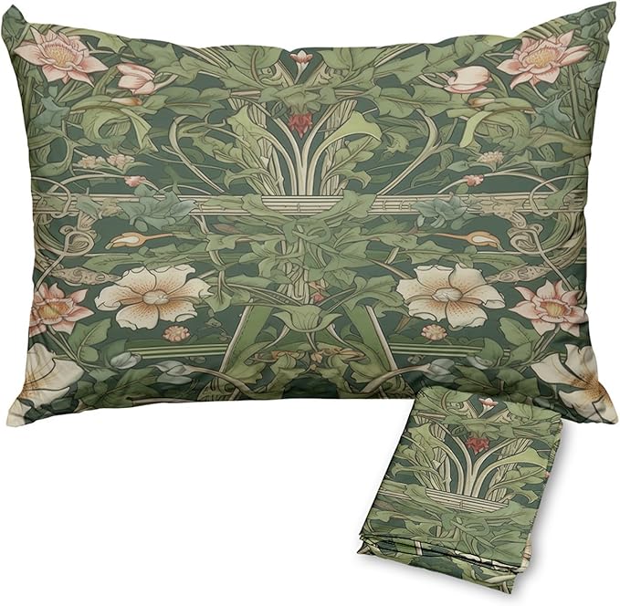 William Morris Pillow Protectors with Zipper Standard Size Vintage Floral Print Pillow Covers Set of 2 Nature Green Botanical Pillowcases Rustic Wildflowers Bed Pillow Covers 30"X20"