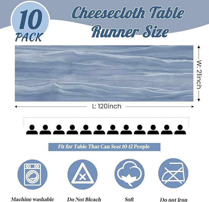 10 Pack Dusty Blue Cheesecloth Table Runner,10FT/120 Inch Boho Gauze Fabric Table Runner,Rustic Sheer Blue Cheese Cloth Runner Bulk for Wedding,Bridal Baby Shower,Birthday Party,Holiday Table Decor