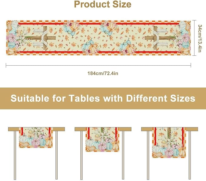 Watercolor Pumpkin Table Runner Fall Flowers Falling Leaves Cross Harvest Season Thanksgiving Rustic Home Decor for Farmhouse Indoor Outdoor Party Holiday Dining Kitchen Restaurant Cafe W13xL36in