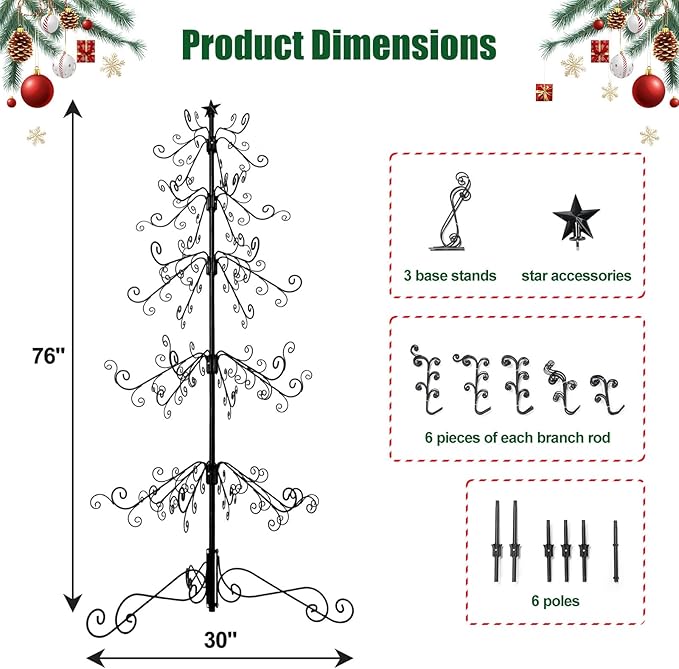 Metal Christmas Tree,144 christmas ornament hooks,6ft black christmas tree,Diy-Friendly ornament display stand,rustproofing metal ornament tree For Collectibles,Pendant,craft show(Without Accessories)